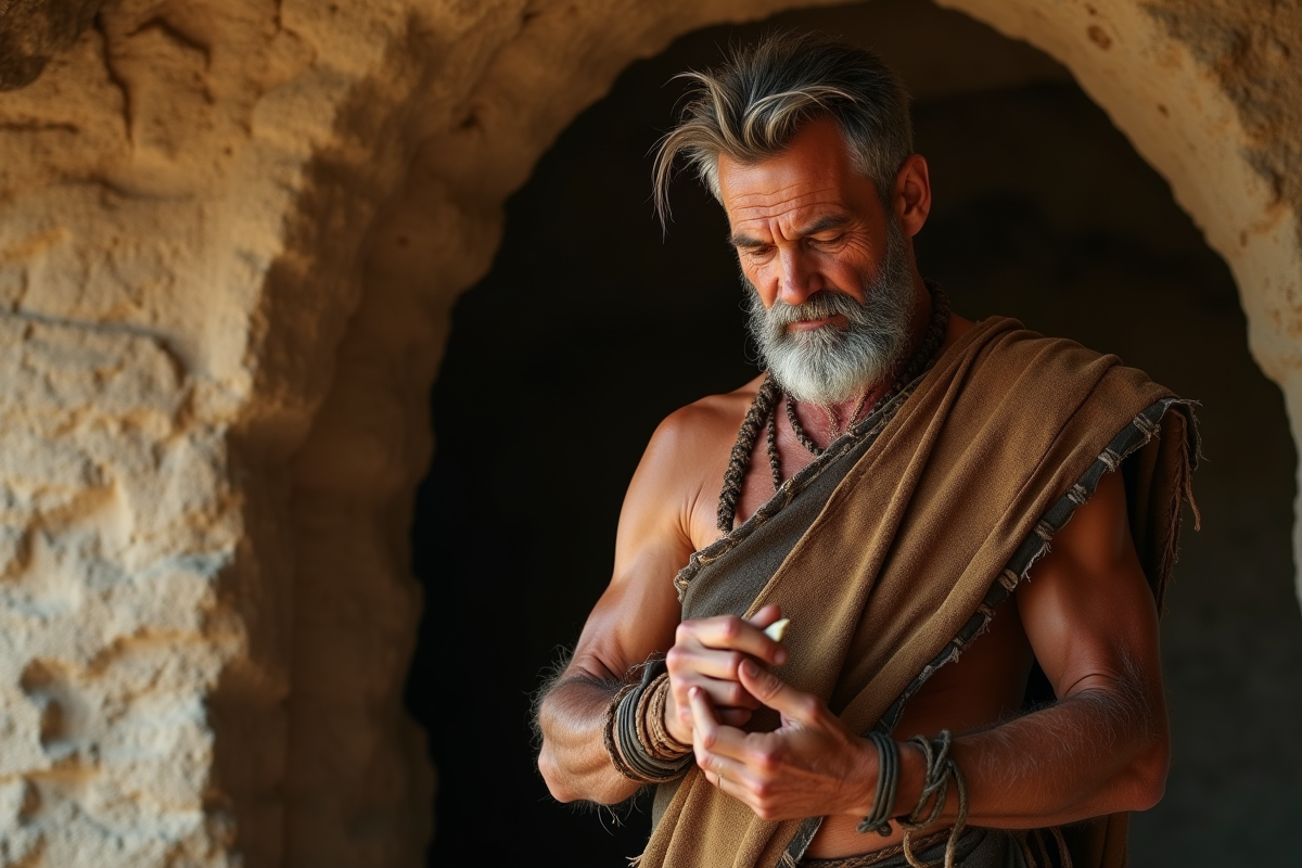 Homme ancien dans une grotte examinant un cuir avec outils primitifs