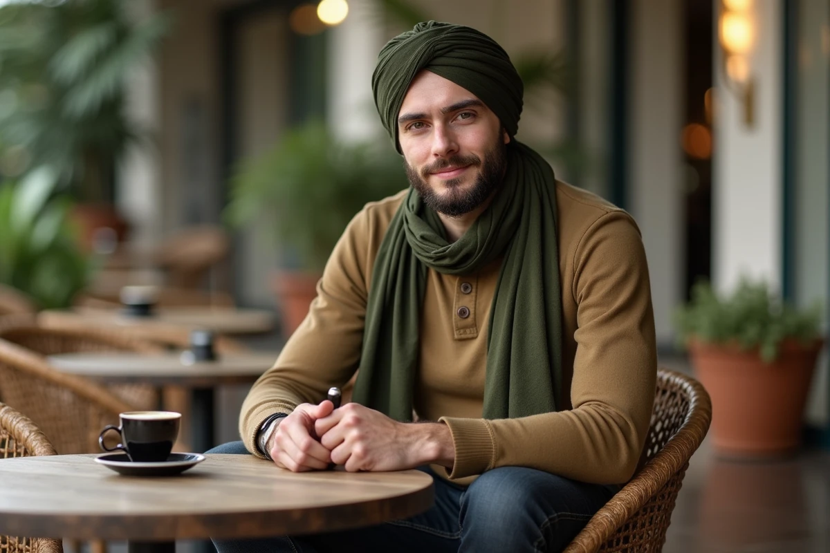 Homme portant un cheche vert olive noué en turban assis en terrasse de café, style urbain masculin décontracté