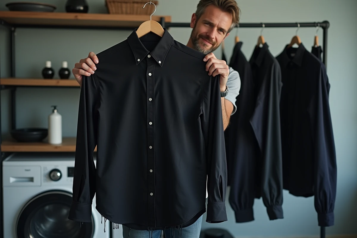 Homme inspectant une chemise retentée en noir après teinture dans une buanderie