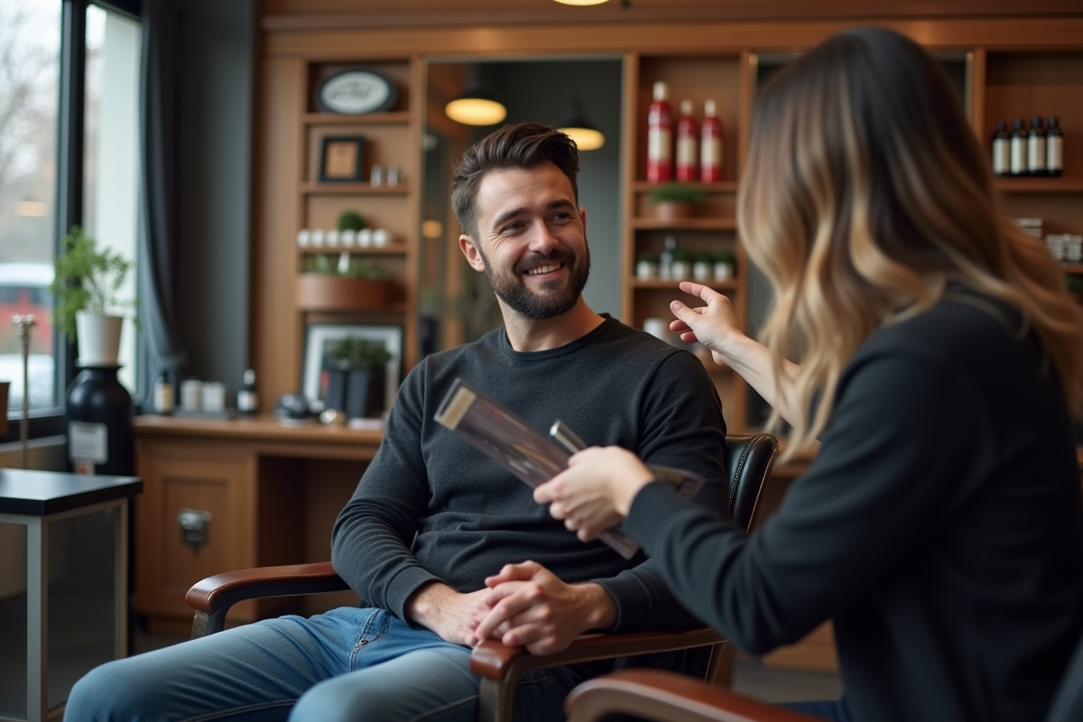 Homme souriant en consultation avec un coiffeur dans un salon urbain