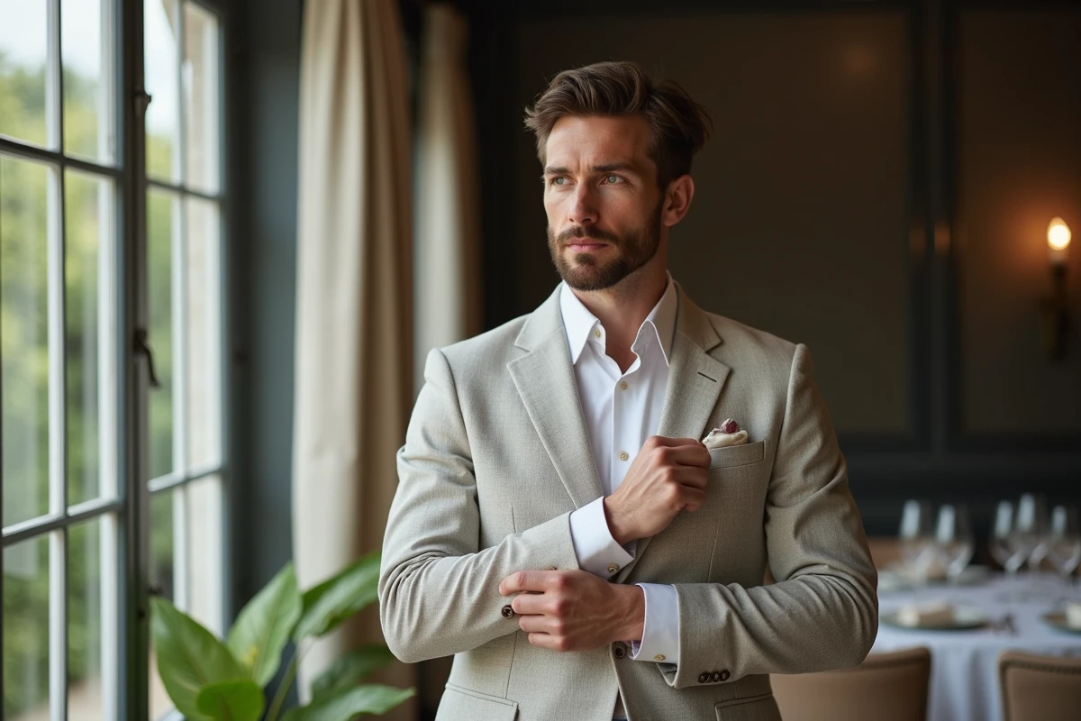 Homme en costume &eacute;l&eacute;gant ajustant sa manche en int&eacute;rieur