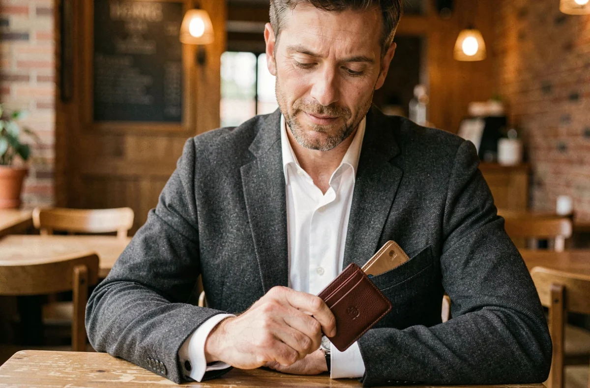 Homme élégant en veste en laine glissant un portefeuille fin en cuir cognac dans sa poche intérieure dans un café