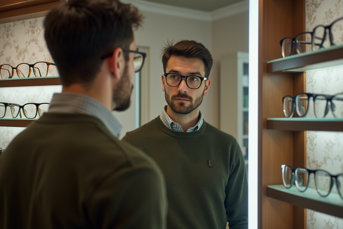 Homme essayant plusieurs paires de lunettes dans une boutique