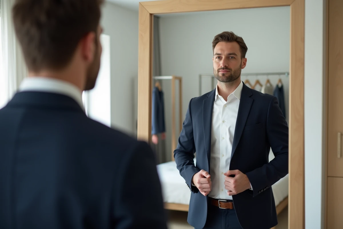 Homme essayant un blazer de créateur acheté sur Thebradery et vérifiant la qualité du vêtement devant un miroir
