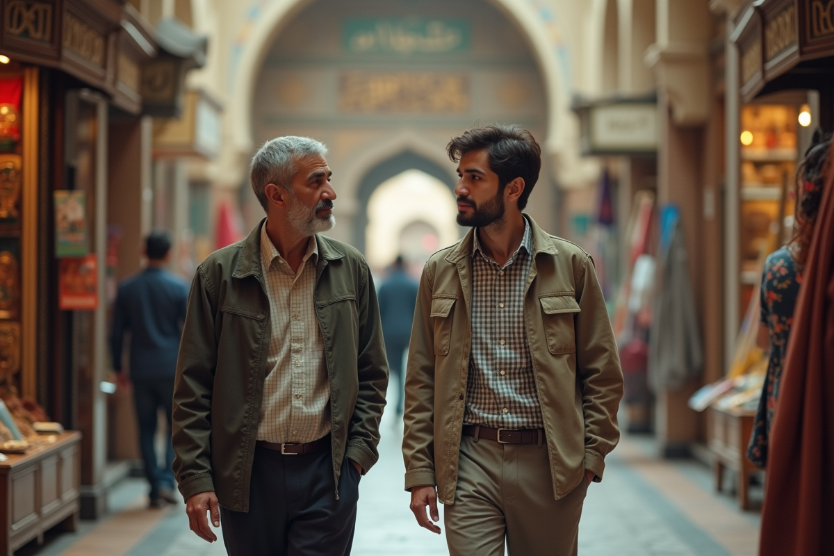 Homme et adolescent dans un bazar iranien en train de discuter