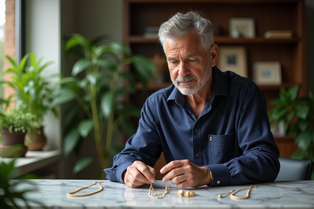 Homme élégant observant colliers sur comptoir en intérieur