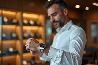 Homme examinant une montre Rolex en acier dans une boutique de montres de luxe