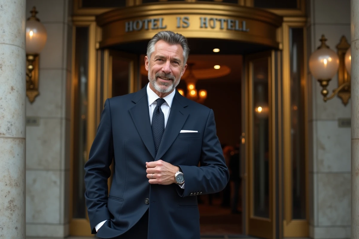 Homme en manteau navy devant un hôtel historique