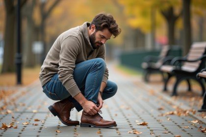 Homme d'âge moyen inspectant ses chaussures en cuir