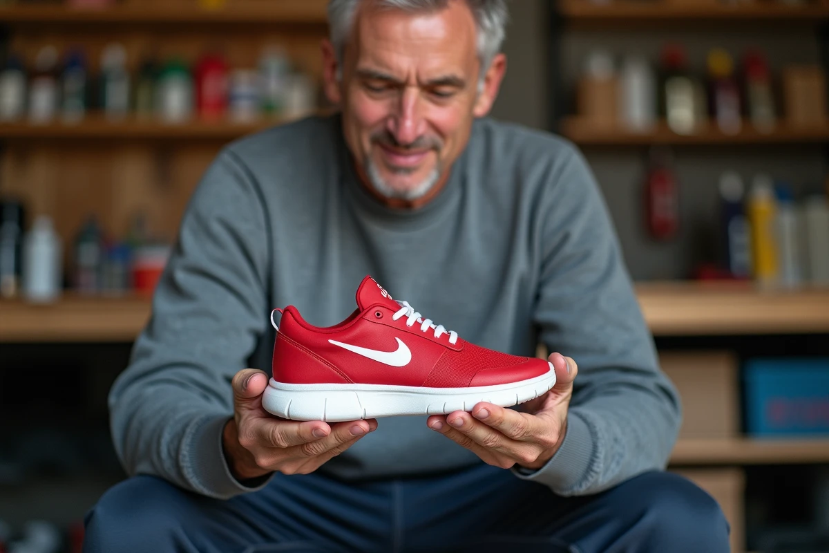 Homme tenant une paire de sneakers customisées avec une peinture résistante rouge et blanche dans un atelier de restauration à domicile