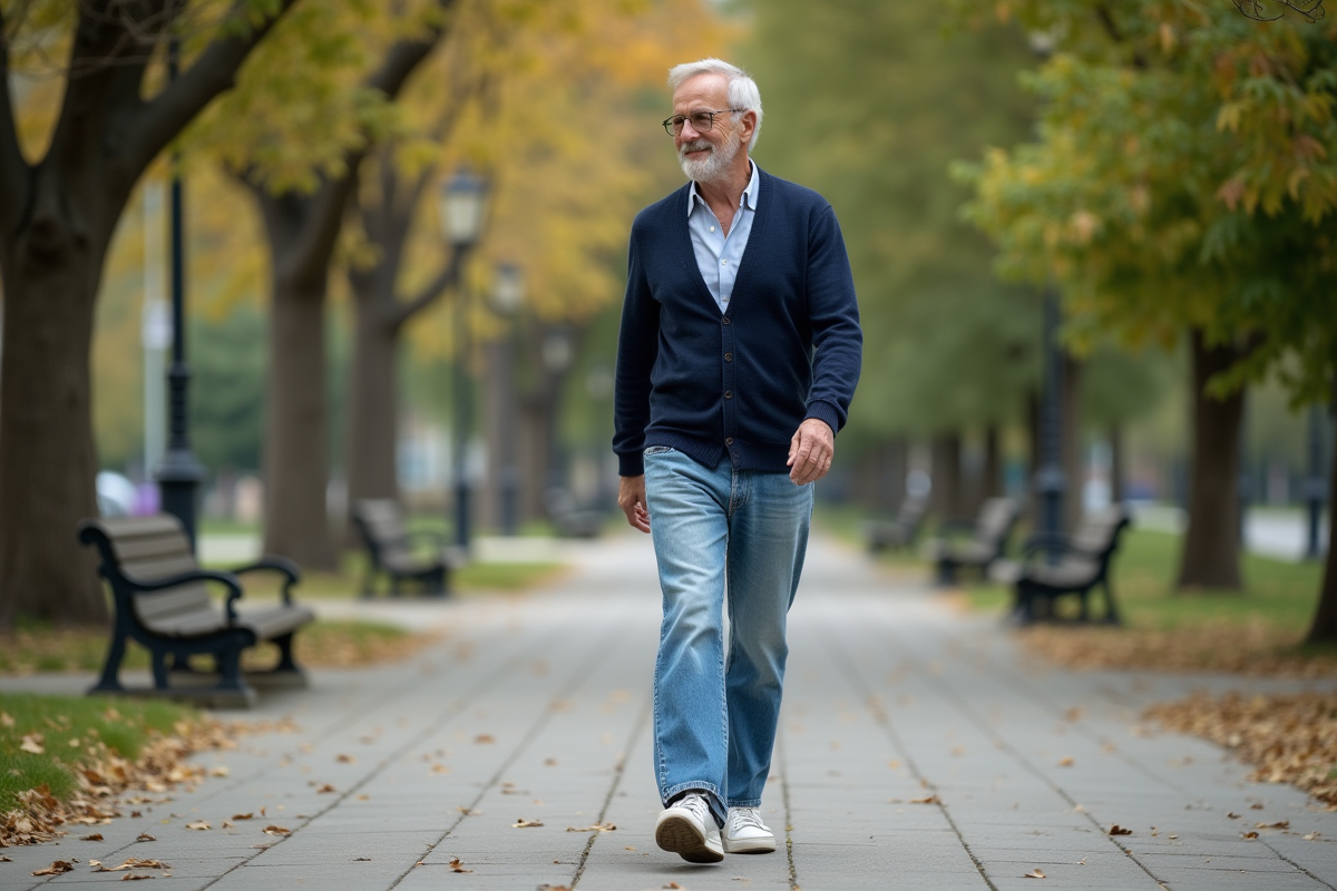 Homme en jeans décontractés dans un parc urbain en promenade