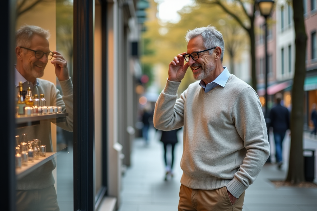 Homme souriant ajustant ses nouvelles lunettes dans la vitrine