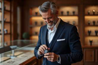 Homme d'âge moyen examinant une montre de luxe dans une boutique élégante