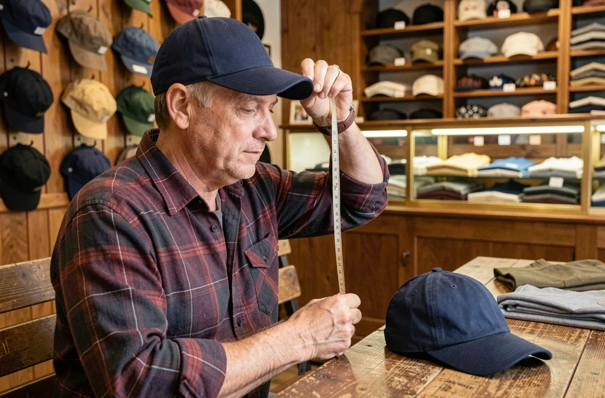 Homme mesurant son tour de tête avec un mètre ruban pour trouver la bonne taille de casquette