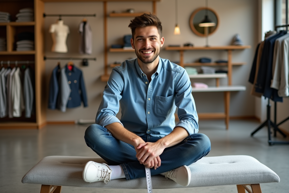Homme souriant avec un ruban de couture dans une boutique