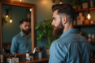 Homme en réflexion dans un miroir de barbershop chaleureux