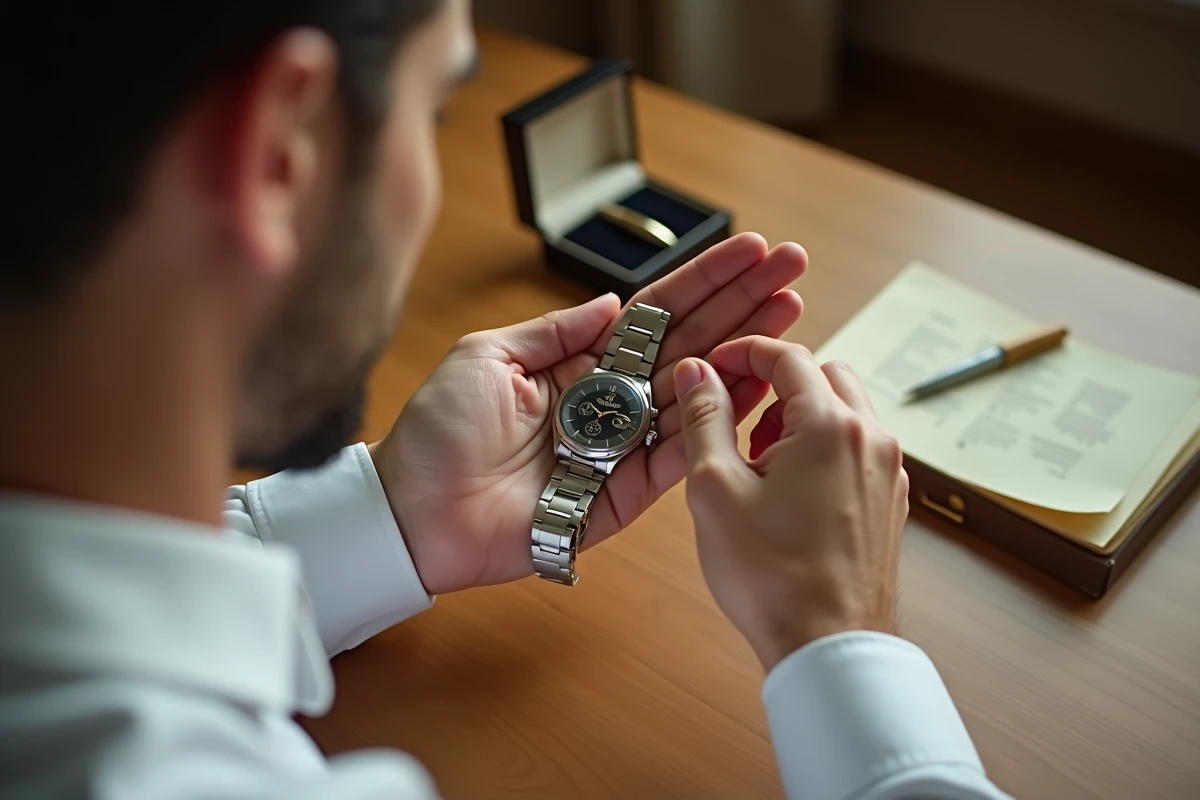 Homme tenant une montre personnalisée gravée dans sa main, contemplant le message inscrit au dos du boîtier