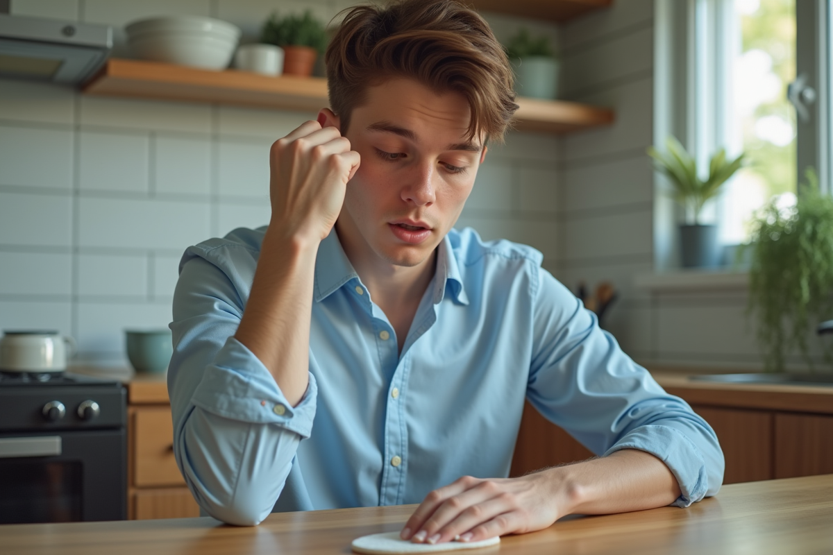 Jeune homme nettoyant des taches de fond de teint sur sa chemise