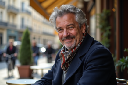 Homme français souriant avec foulard dans un café parisien