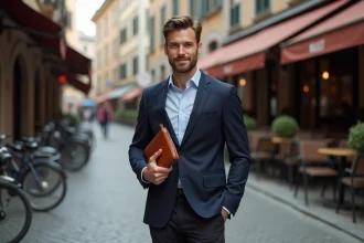 Homme en blazer marine tenant une pochette en cuir cognac dans une rue urbaine pavée