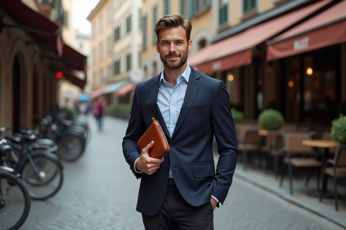 Homme en blazer marine tenant une pochette en cuir cognac dans une rue urbaine pavée