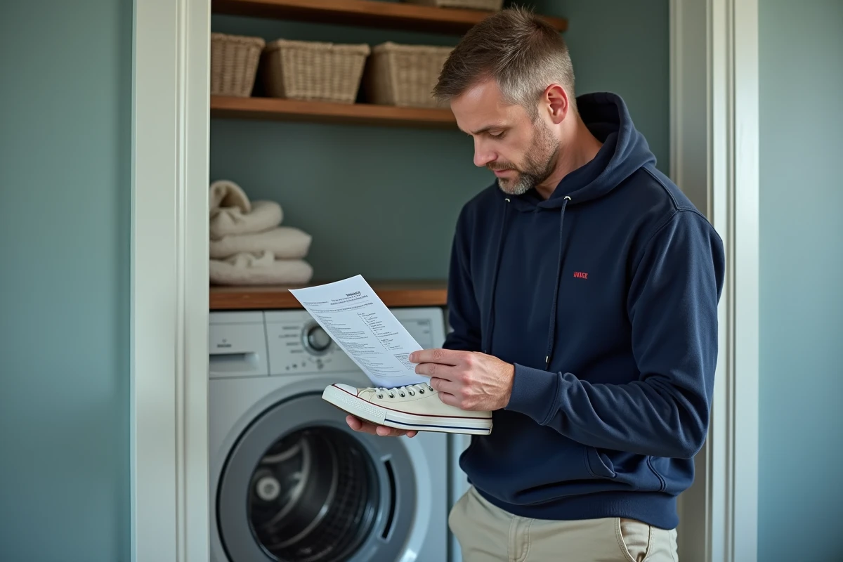 Homme vérifiant une Converse avant lavage dans la buanderie