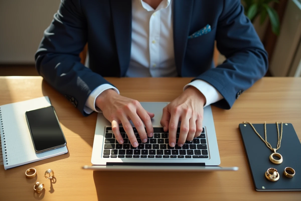 Homme recherchant des bijoux en ligne sur son ordinateur à la maison