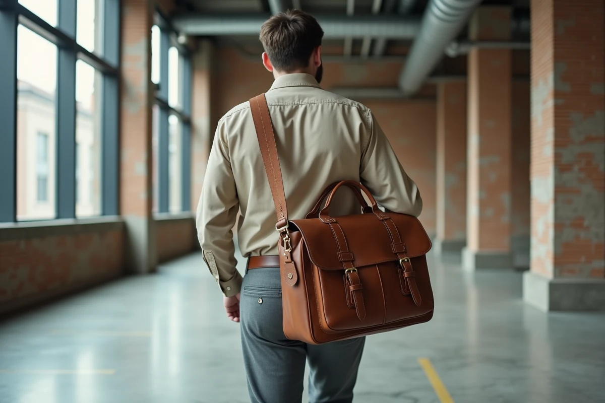 Homme en chemise lin portant une sacoche en cuir marron structurée dans un lobby de bureau moderne
