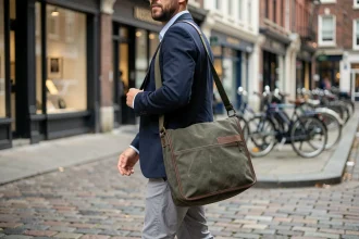 Homme élégant portant une sacoche en tissu canvas olive avec garnitures en cuir dans une rue urbaine pavée