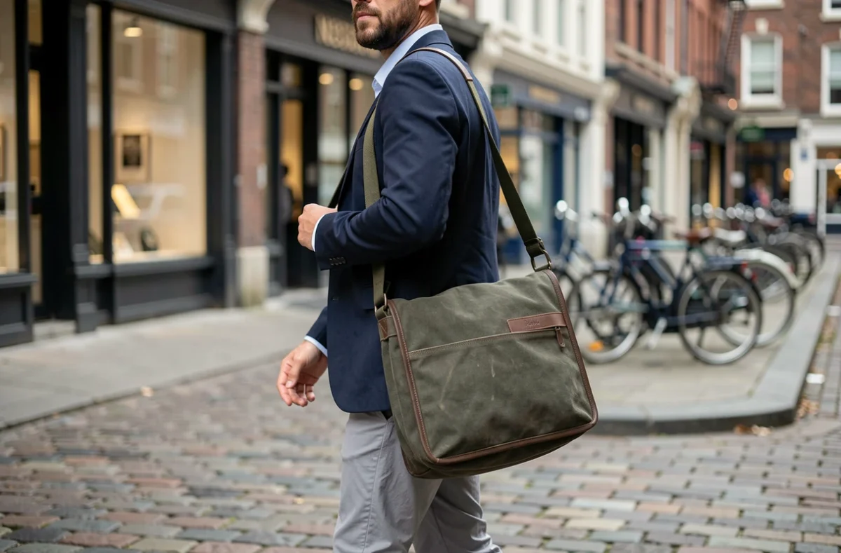 Homme élégant portant une sacoche en tissu canvas olive avec garnitures en cuir dans une rue urbaine pavée