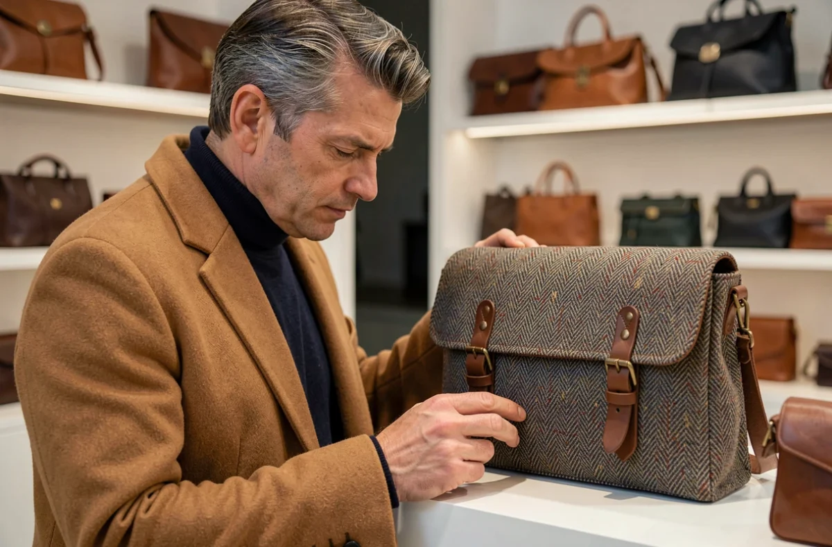 Homme mature examinant une sacoche en tissu tweed à chevrons dans une boutique d'accessoires haut de gamme