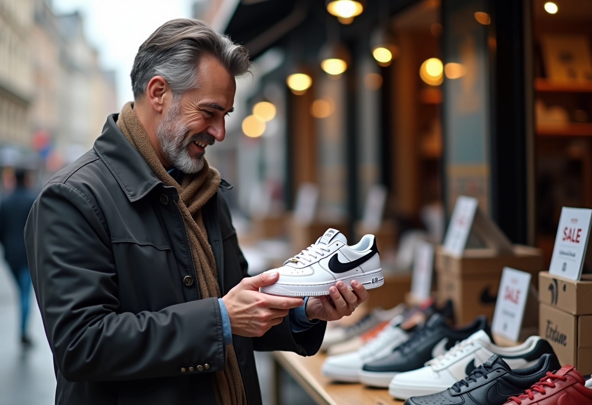 Homme examineur de sneakers dans une vente en plein air