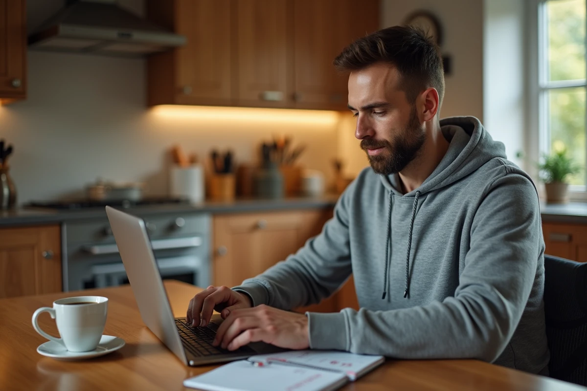 Homme consultant des soldes en ligne sur un ordinateur portable depuis chez lui, planifiant ses achats de vêtements pour toute la famille avec un budget noté sur papier