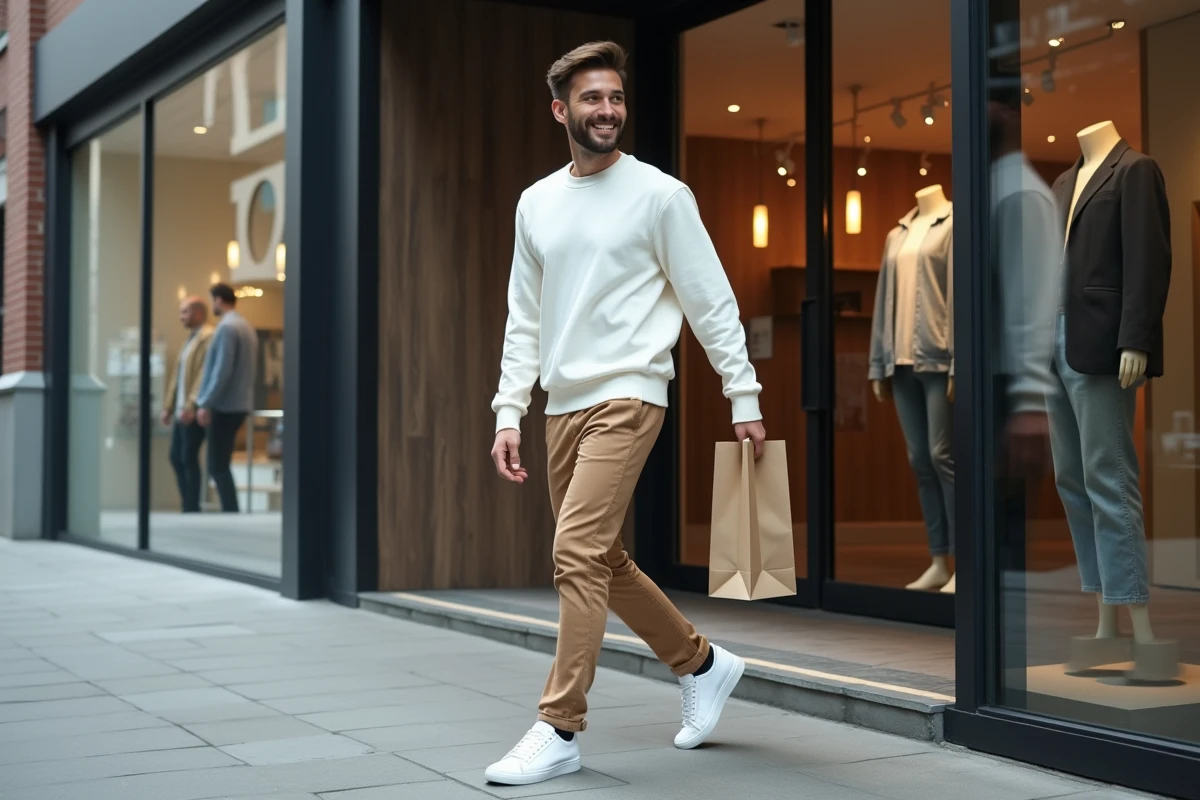 Homme tendance sortant d'une boutique EDS Store avec un sac shopping, tenue moderne et sneakers blanches