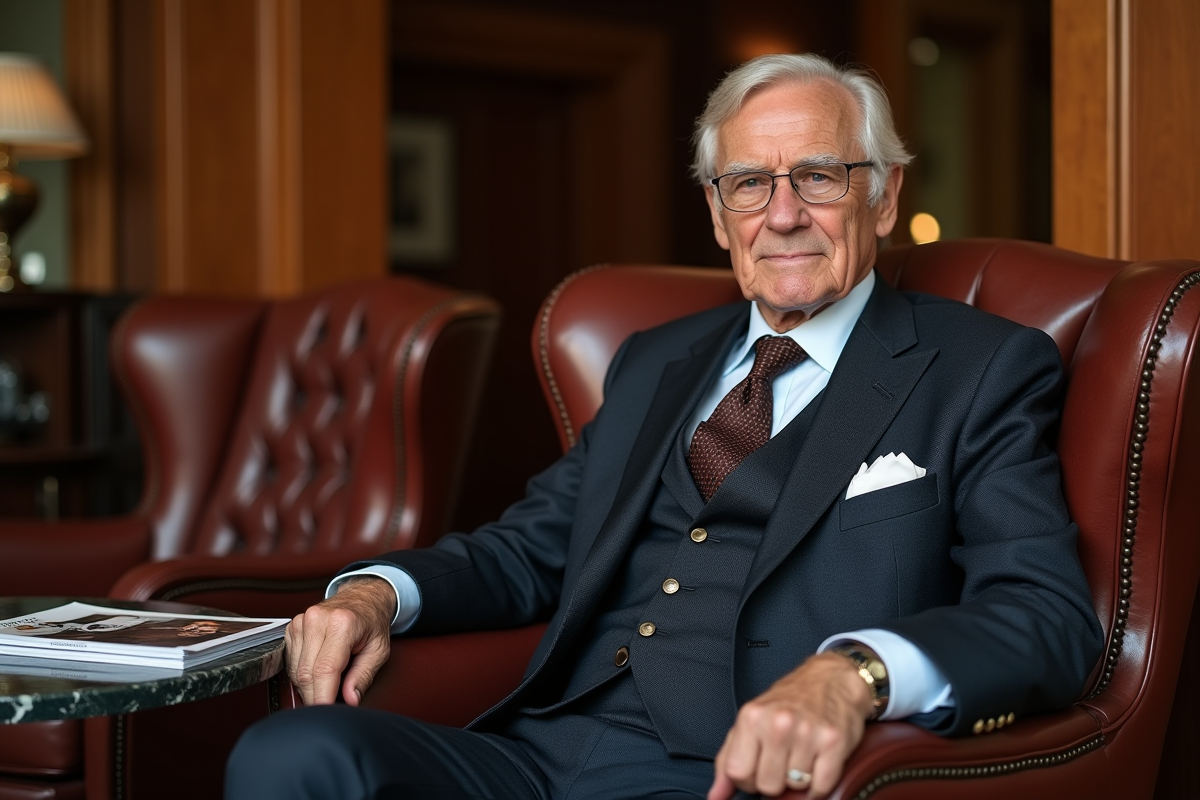 Homme en costume dans un lounge en bois luxueux