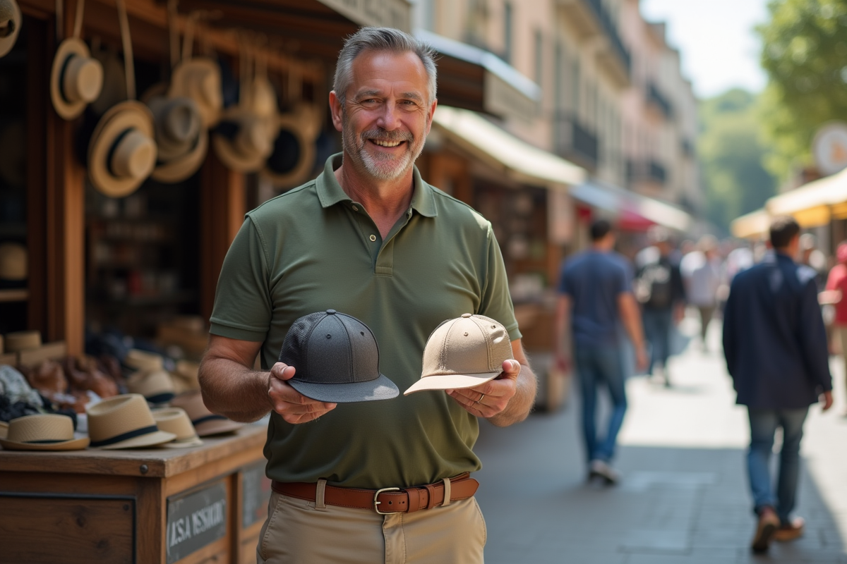 Homme comparant deux casquettes au marché en plein air