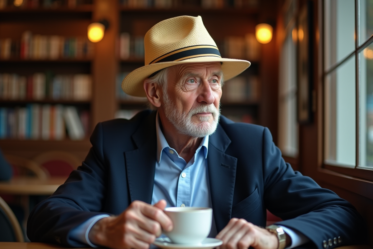 Homme agee dans un cafe avec livre et tasse de cafe