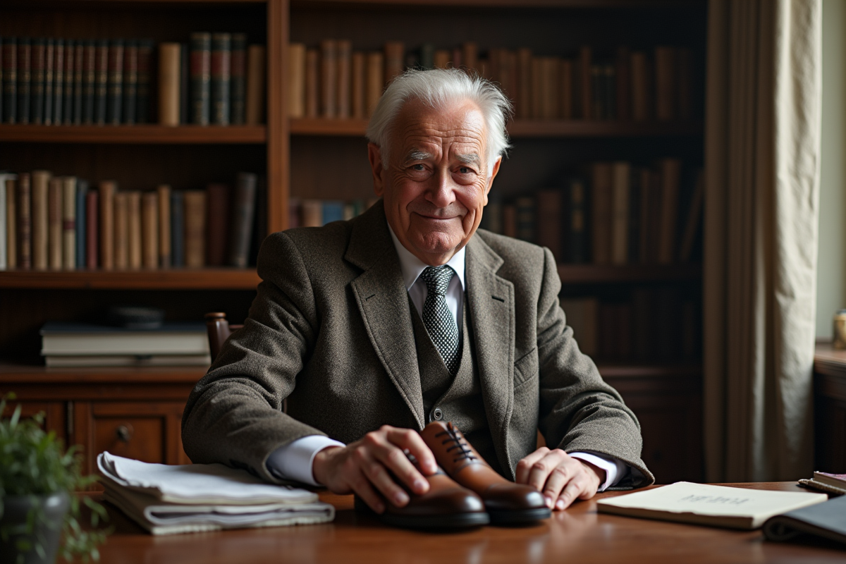 Homme âgé polissant ses chaussures Oxford dans son bureau