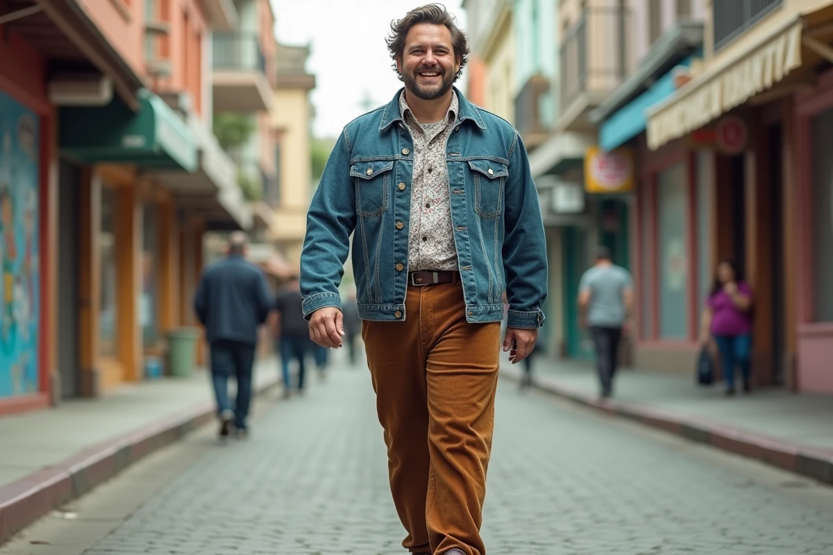 Homme en denim vintage marche dans une rue urbaine dynamique