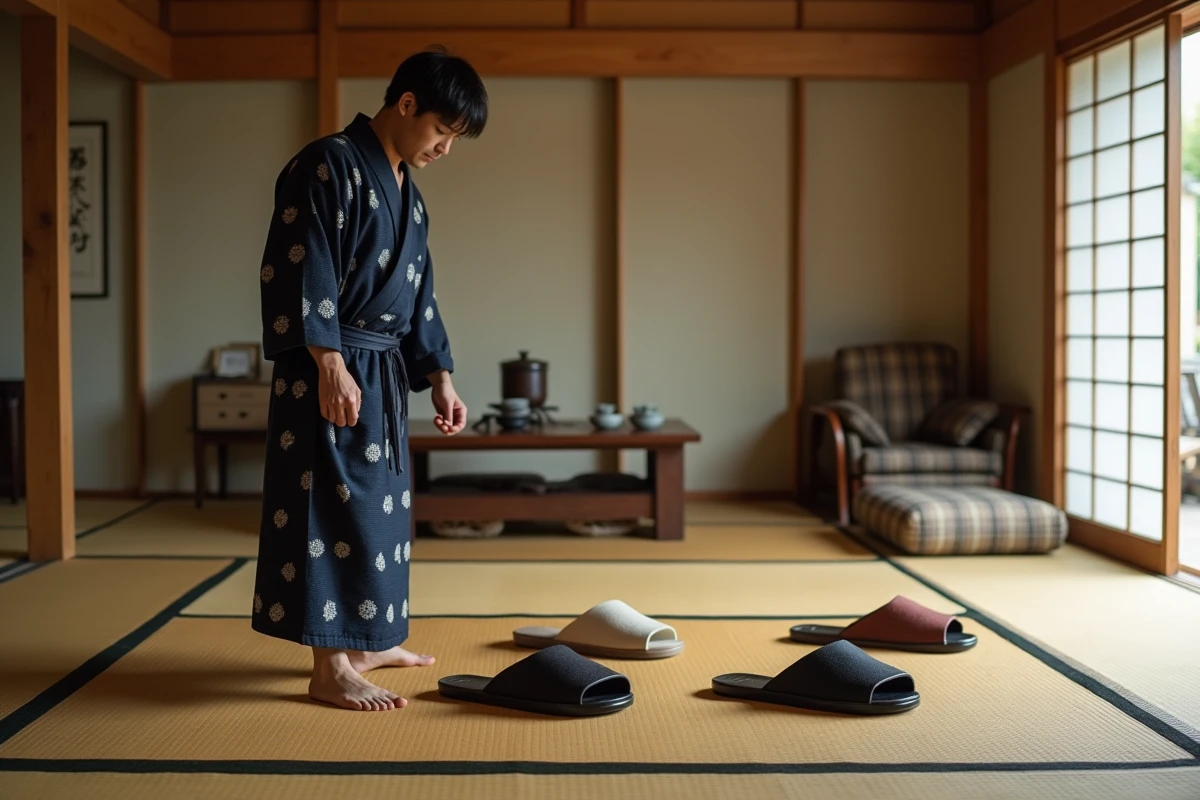 Homme en yukata marine comparant des sandales geta posées sur un tatami dans un ryokan japonais