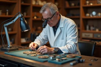 Horloger suisse assemblant un mouvement de montre mécanique de luxe avec des pinces de précision dans un atelier traditionnel