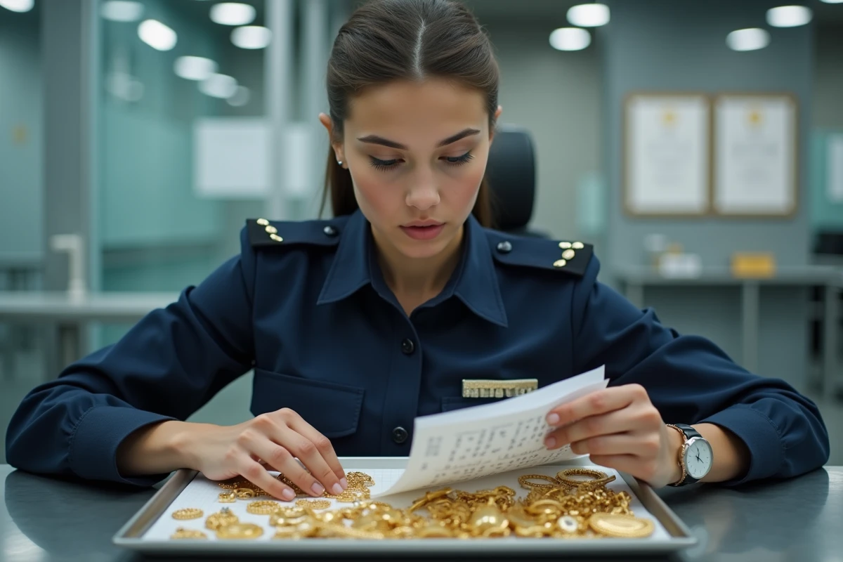 Jeune femme inspectant des bijoux en or dans un bureau moderne