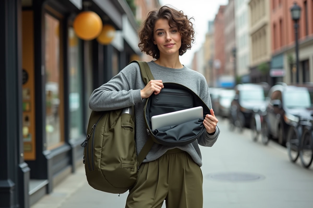 Intérieur d'un sac à dos femme pour ordinateur portable ouvert montrant les compartiments et la housse rembourrée
