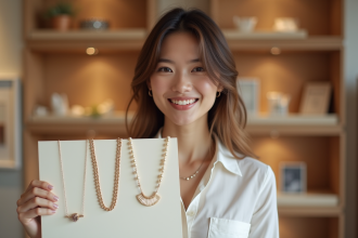 Jeune femme souriante avec colliers dans boutique élégante