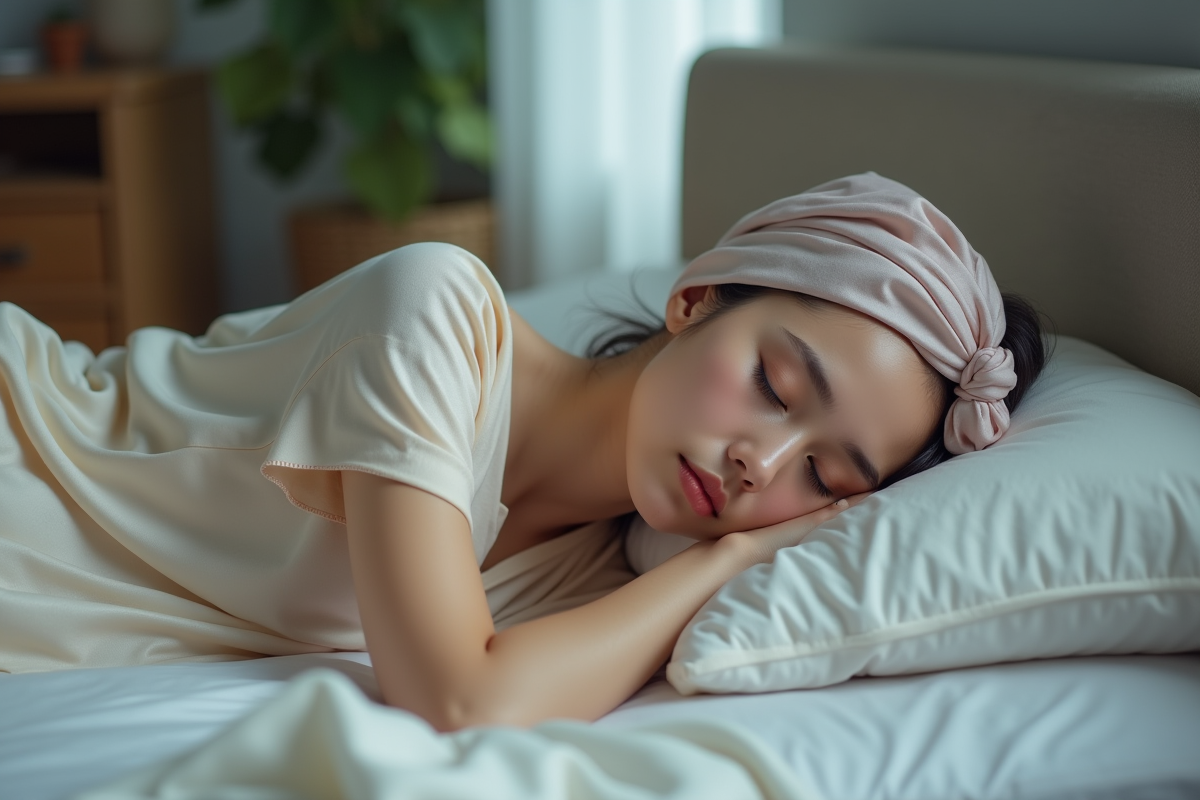 Jeune femme dormant paisiblement avec foulard en soie sur la tête