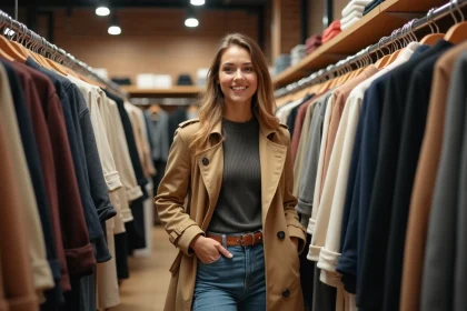 Jeune femme souriante dans une boutique outlet mode
