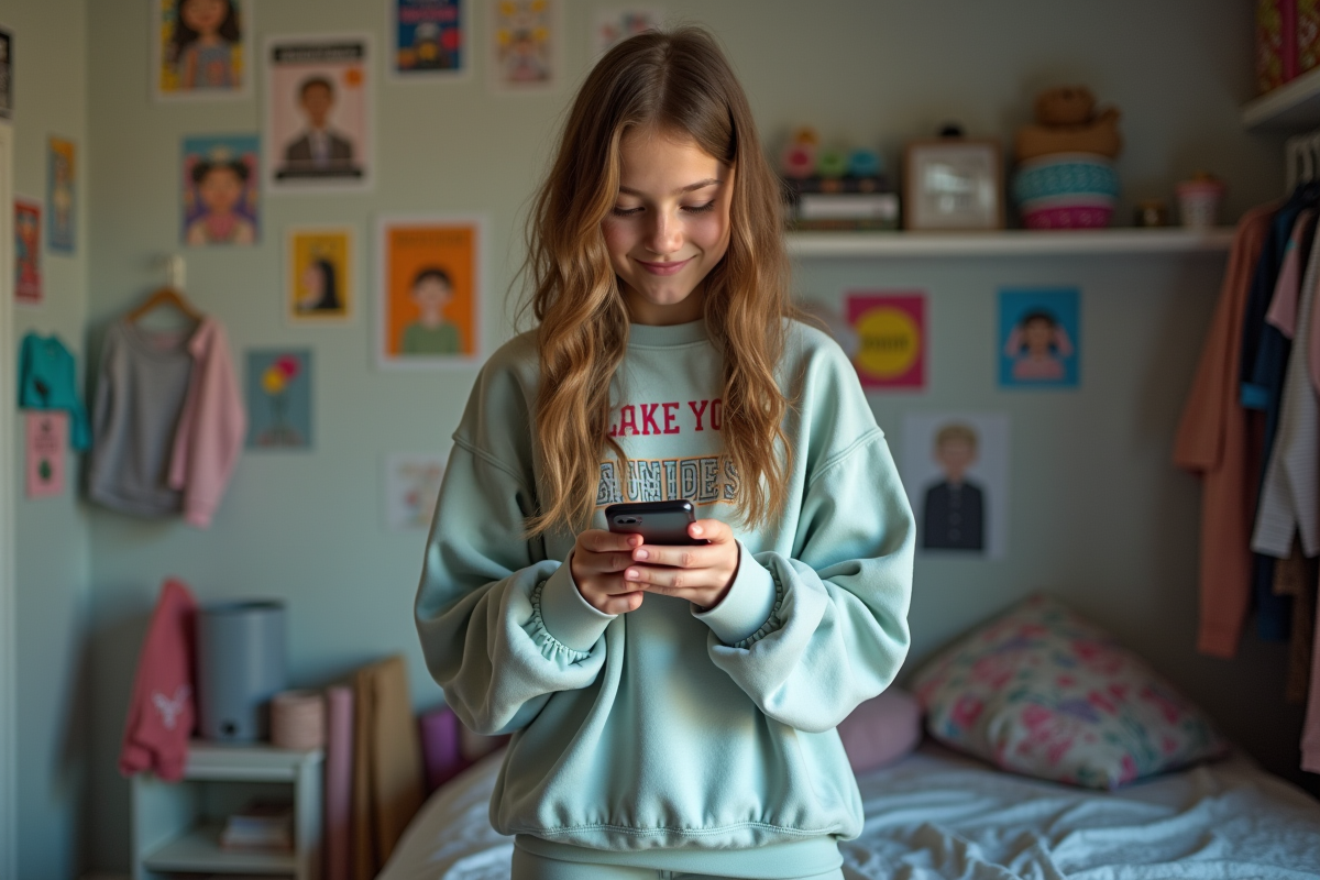 Jeune fille avec sweat graphique regardant son smartphone dans sa chambre