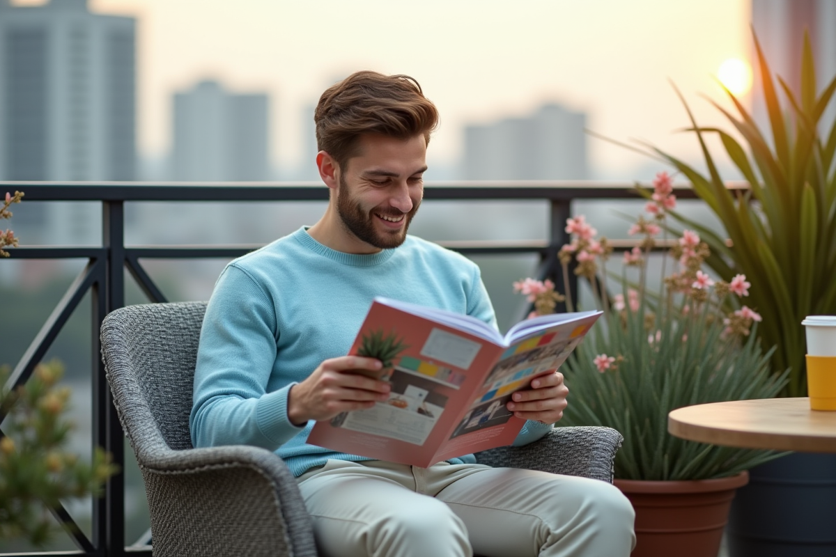 Jeune homme relaxant sur un balcon urbain en lisant un magazine