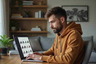 Jeune homme assis à un bureau à la maison regardant un site de sneakers