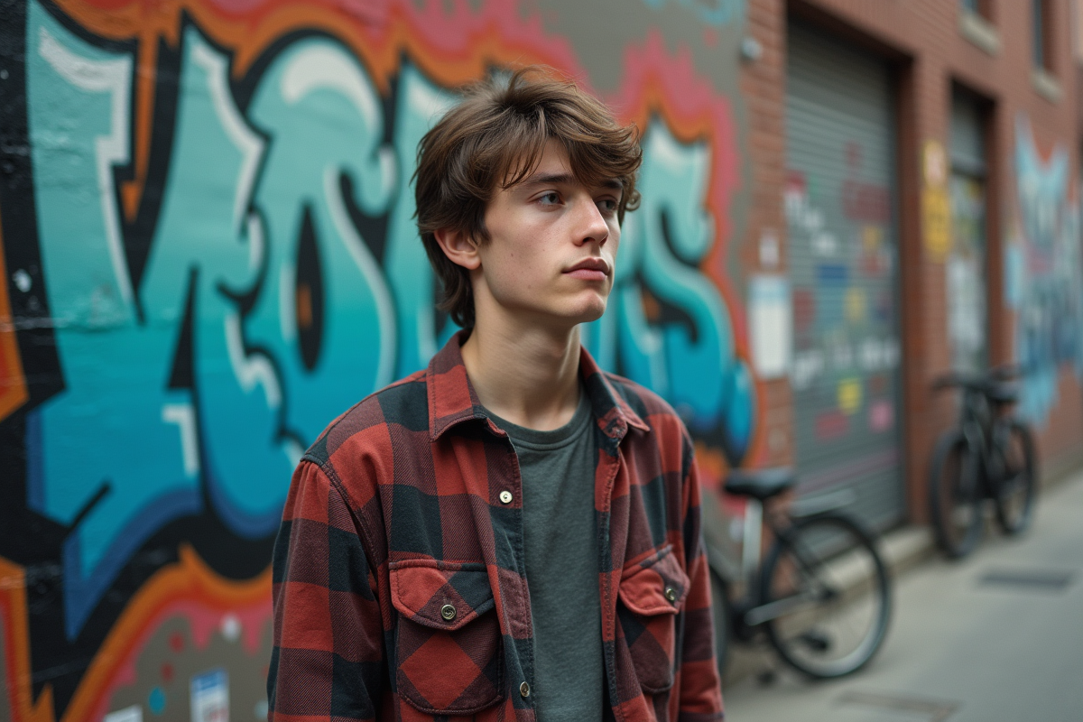 Jeune homme devant un mur graffiti urbain des années 90